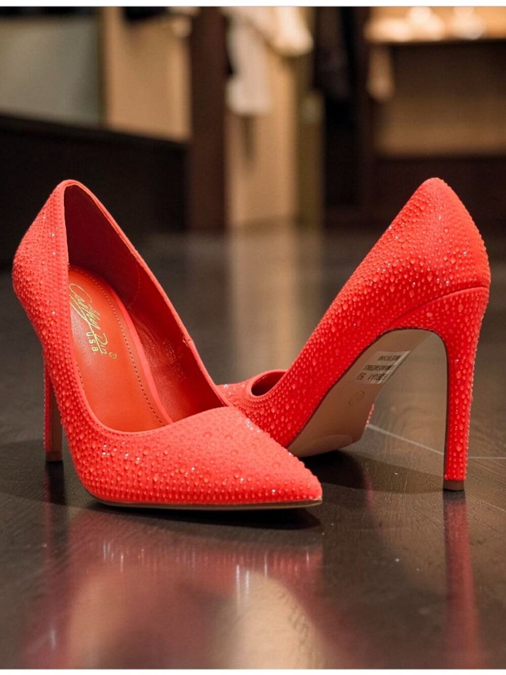 Crystal-Embellished Orange High Heels For Women Pointed Toe Stiletto Heel Elegan